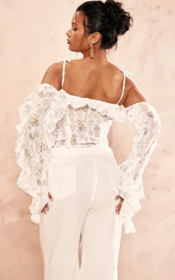 Baby Blue Floral Applique Ruffle Bardot Hook And Eye Top