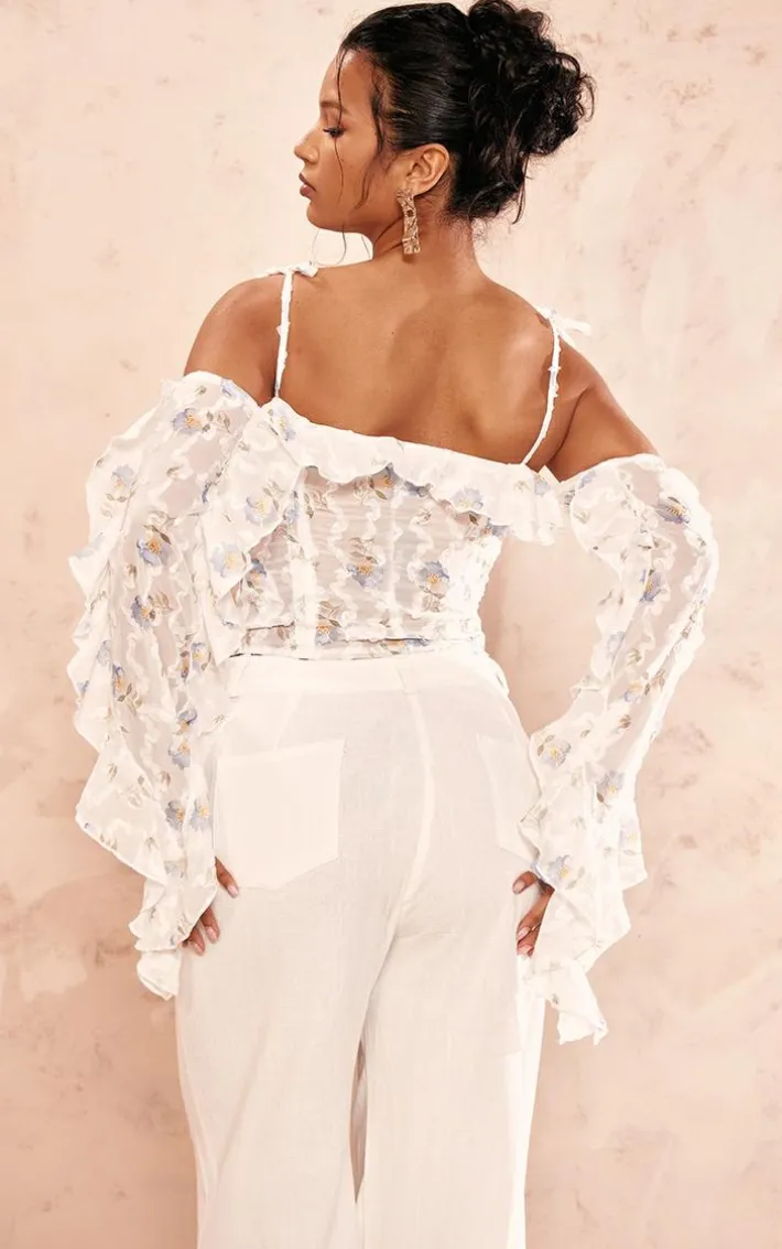 Baby Blue Floral Applique Ruffle Bardot Hook And Eye Top