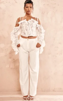 Baby Blue Floral Applique Ruffle Bardot Hook And Eye Top