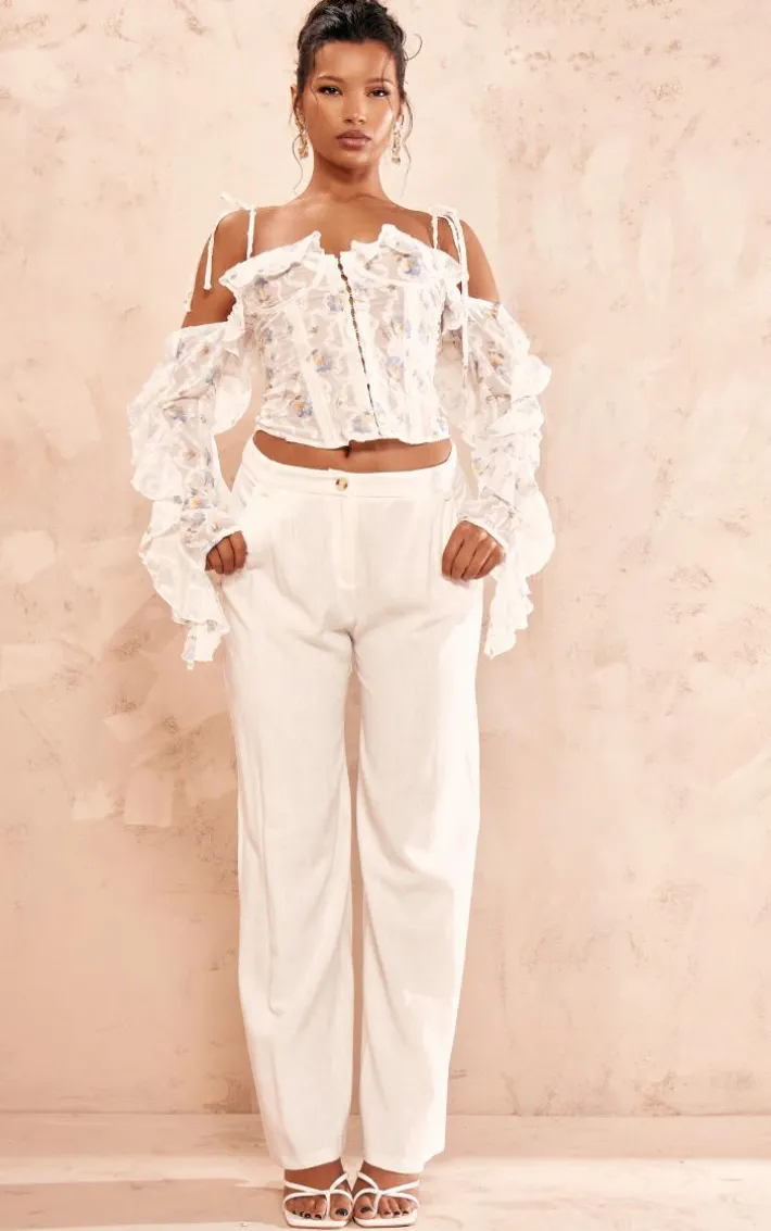 Baby Blue Floral Applique Ruffle Bardot Hook And Eye Top