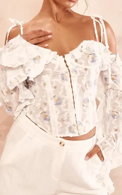 Baby Blue Floral Applique Ruffle Bardot Hook And Eye Top