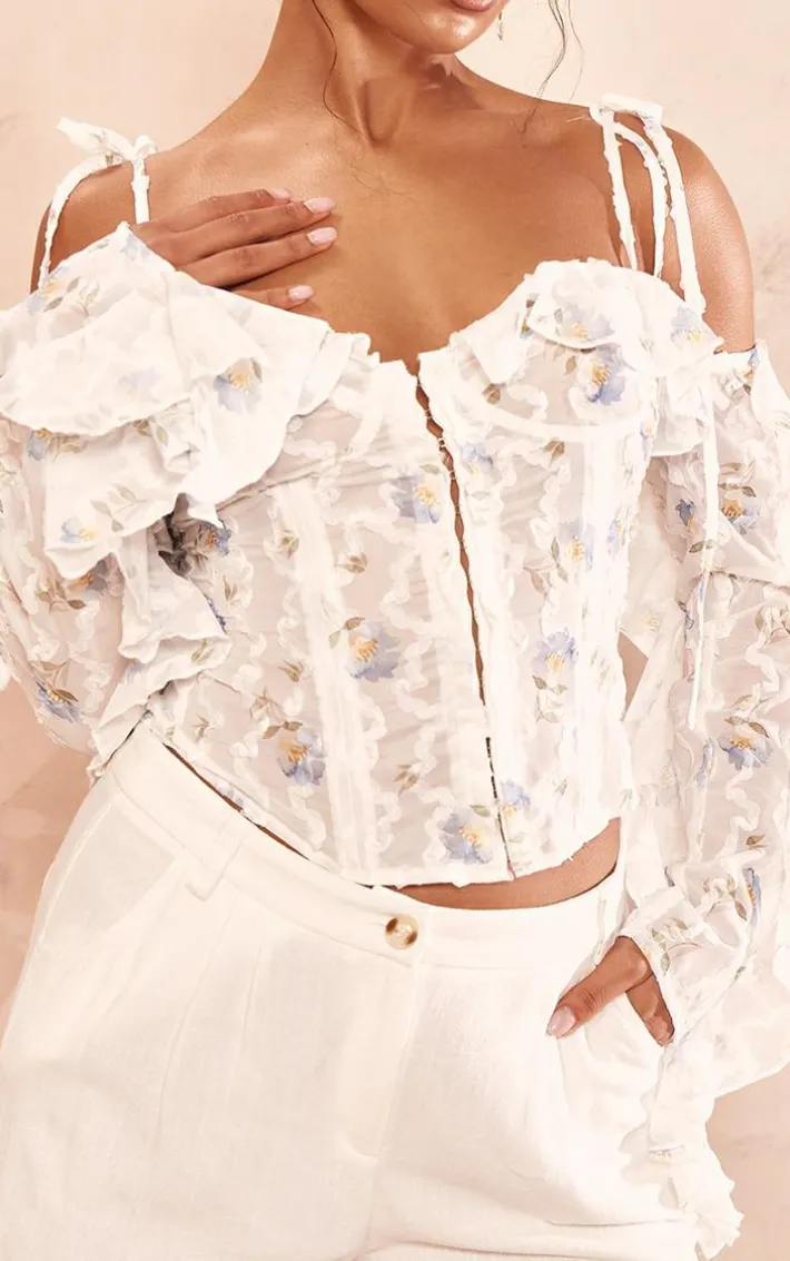 Baby Blue Floral Applique Ruffle Bardot Hook And Eye Top