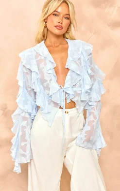 Baby Blue Floral Organza Ruffle Tie Crop Blouse