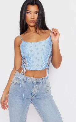 Baby Blue Floral Print Textured Satin Lace Up Corset