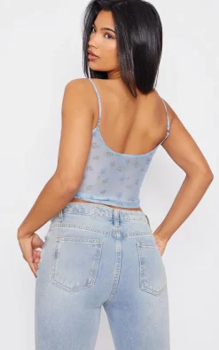 Baby Blue Floral Print Textured Satin Lace Up Corset