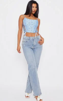 Baby Blue Floral Print Textured Satin Lace Up Corset