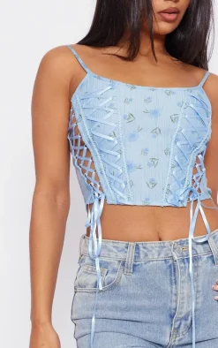 Baby Blue Floral Print Textured Satin Lace Up Corset