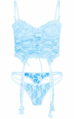 Baby Blue Frill Edge Lace Up Corset And Thong Lingerie Set