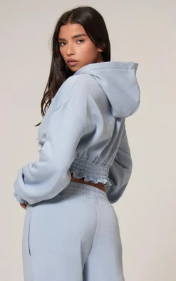Baby Blue Frill Hem Cropped Hoodie
