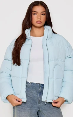 Baby Blue Heart Pocket Detail Puffer Coat