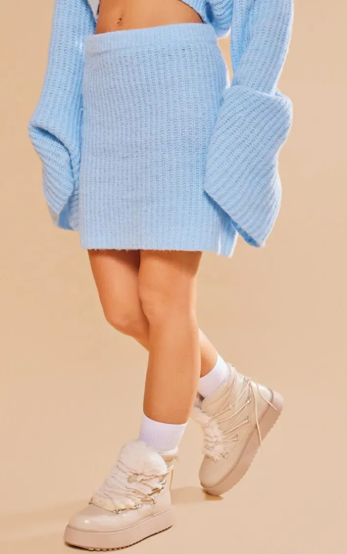 Baby Blue Knitted Brushed Mini Skirt