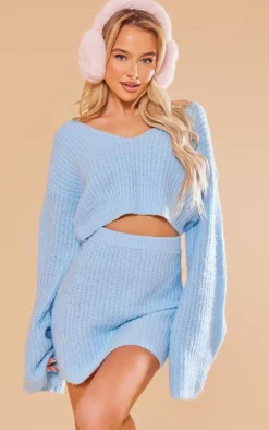 Baby Blue Knitted Brushed Mini Skirt