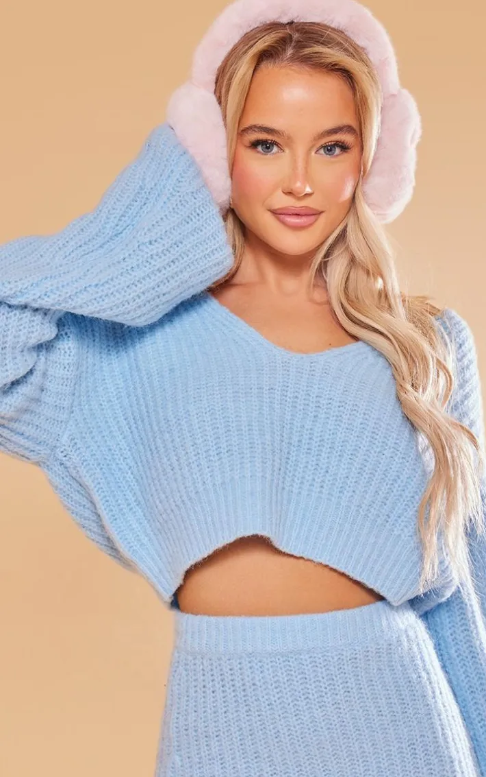 Baby Blue Knitted Brushed Mini Skirt