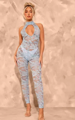 Baby Blue Lace Halter Neck Backless Jumpsuit