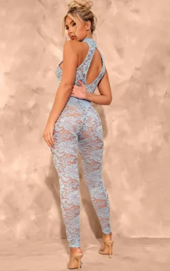 Baby Blue Lace Halter Neck Backless Jumpsuit