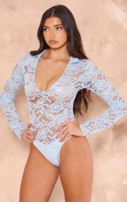 Baby Blue Lace V Neck Long Sleeve Bodysuit