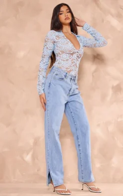 Baby Blue Lace V Neck Long Sleeve Bodysuit