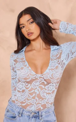 Baby Blue Lace V Neck Long Sleeve Bodysuit