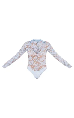 Baby Blue Lace V Neck Long Sleeve Bodysuit