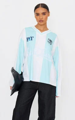 Baby Blue Logo Sports Striped Long Sleeve Jersey