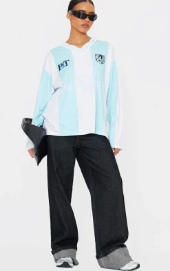 Baby Blue Logo Sports Striped Long Sleeve Jersey