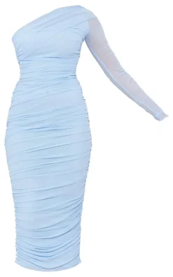 Baby Blue Mesh One Sleeve Midi Dress