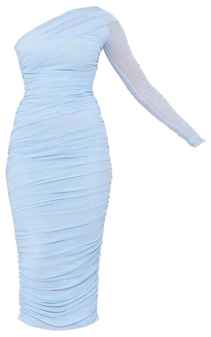 Baby Blue Mesh One Sleeve Midi Dress