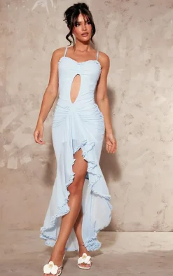 Baby Blue Mesh Ruffle Cut Out Flared Maxi Dress