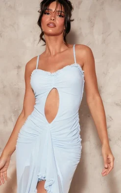 Baby Blue Mesh Ruffle Cut Out Flared Maxi Dress