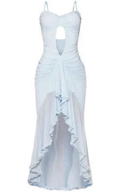 Baby Blue Mesh Ruffle Cut Out Flared Maxi Dress