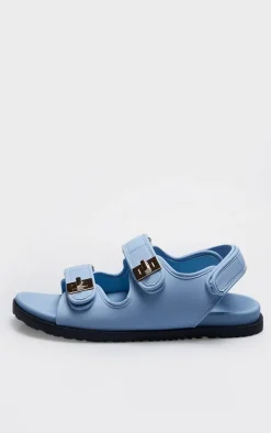 Baby Blue PU Round Toe Buckled Sling Back Footbed Sandals