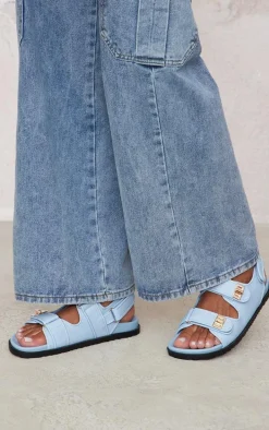 Baby Blue PU Round Toe Buckled Sling Back Footbed Sandals