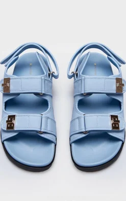 Baby Blue PU Round Toe Buckled Sling Back Footbed Sandals