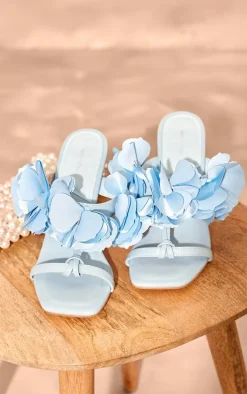 Baby Blue PU Round Toe Satin Corsage Strap Heeled Sandals