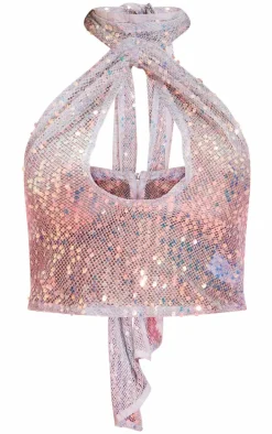 Baby Blue Scarf Detail Sequin Top