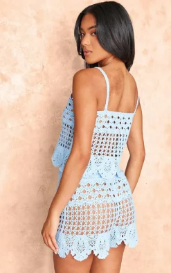 Baby Blue Textured Crochet Frill Hem Crop Top