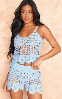 Baby Blue Textured Crochet Frill Hem Shorts