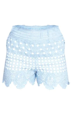 Baby Blue Textured Crochet Frill Hem Shorts