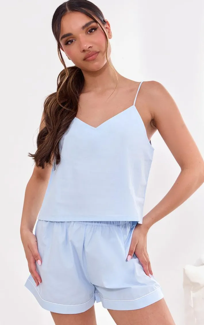 Baby Blue Woven Cami And Button Short Pj Set