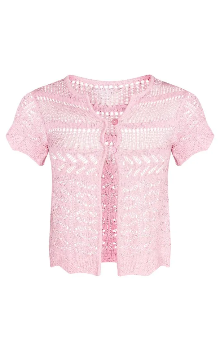 Baby Pink Contrast Crochet Knit Cap Sleeve Button Front Top