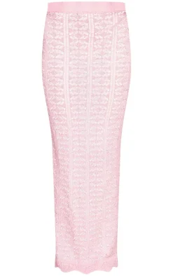 Baby Pink Contrast Crochet Knit Maxi Skirt