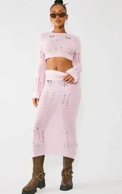 Baby Pink Distressed Ladder Knit Maxi Skirt