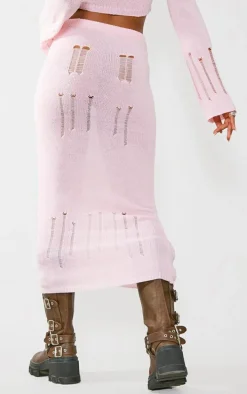 Baby Pink Distressed Ladder Knit Maxi Skirt