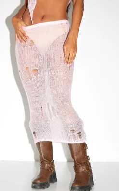 Baby Pink Distressed Open Knit Midi Skirt