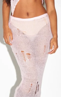 Baby Pink Distressed Open Knit Midi Skirt