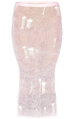 Baby Pink Distressed Open Knit Midi Skirt