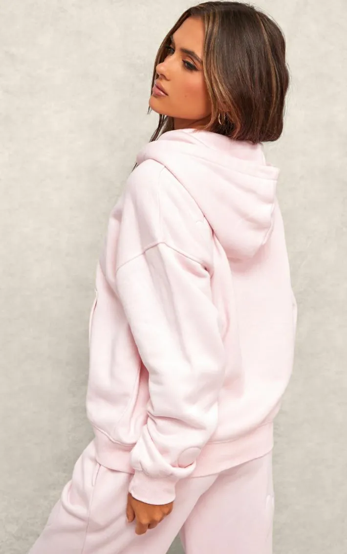 Baby Pink Embossed Heart Zip Up Hoodie