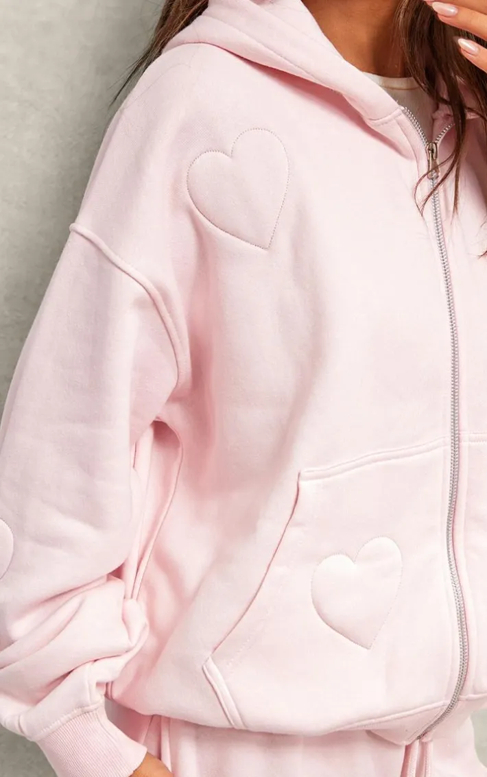 Baby Pink Embossed Heart Zip Up Hoodie