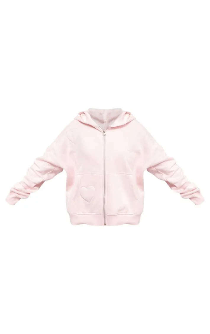 Baby Pink Embossed Heart Zip Up Hoodie