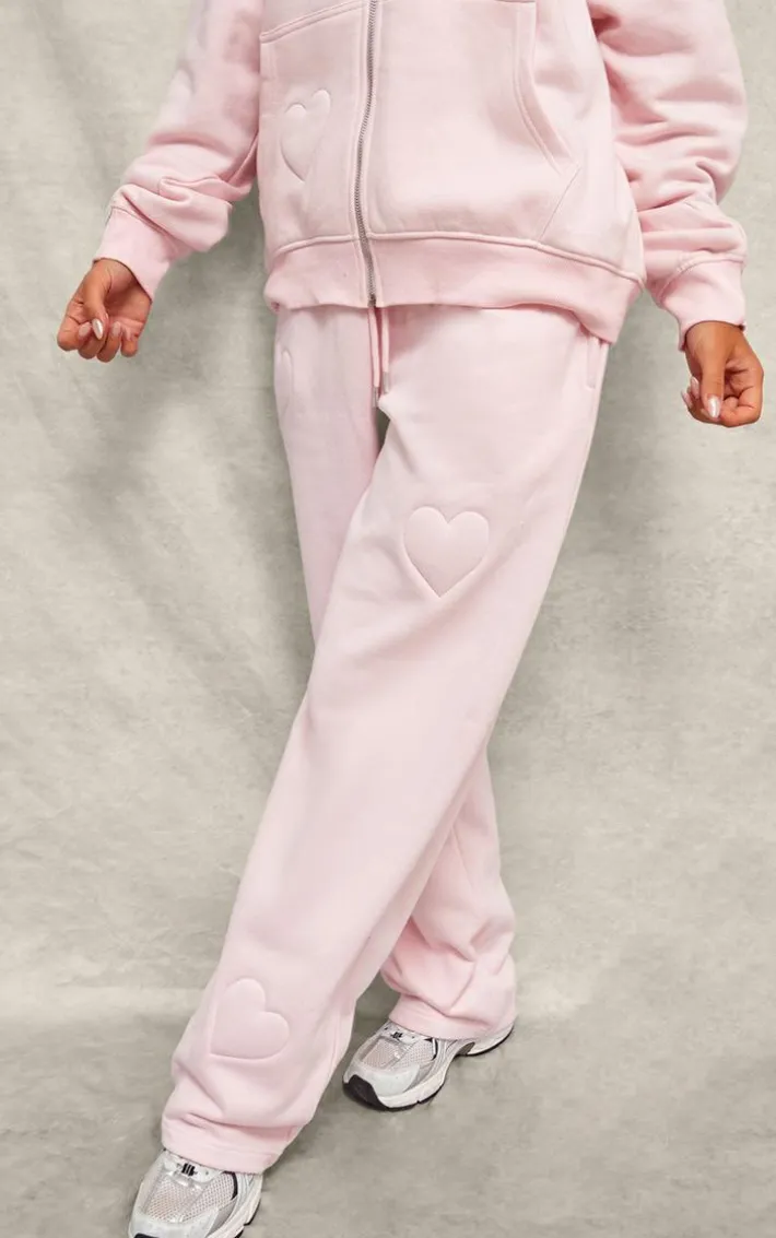Baby Pink Embossed Heart Wide Leg Sweatpants